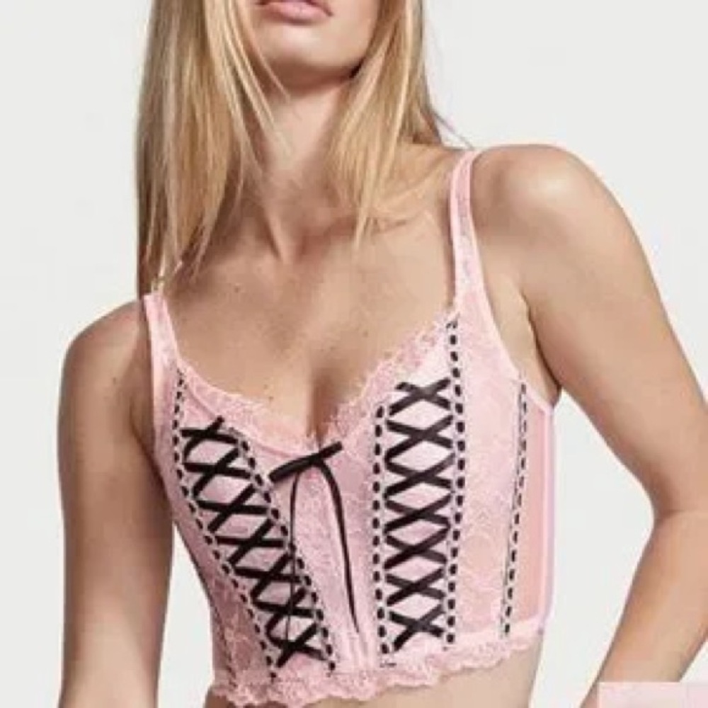 Victoria's Secret Pink Lace Corset Top with Black Ribbon